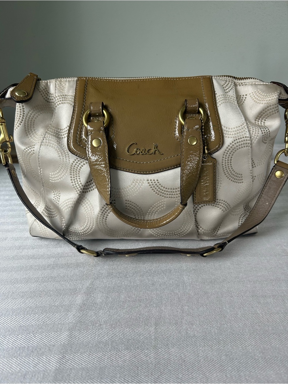 Coach Cream and Tan Signature Shoulder Satchel